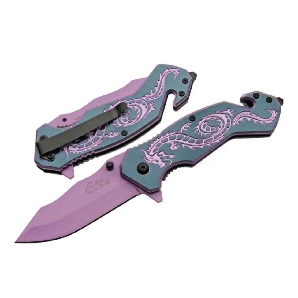 Beautiful Pastel Purple Dragon Design Folding Knife Arts and Crafts Camping Hiking Collectable