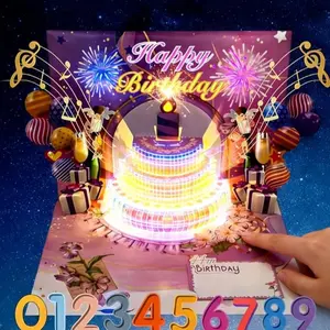 Blowable Candle 3D Popup Birthday Card,0-9 Replaceable Number,Light-Up Simulated Candle,3-Tier Cake with Firework Design, Custom Age Greeting Card with Envelope——Perfect for Adult Milestone/ Kids Birthday/ Anniversary Gifts
