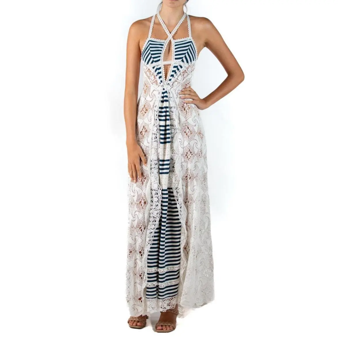 Morphew Atelier Blue & White Cotton Vintage Crochet French Sailor Knit Gown