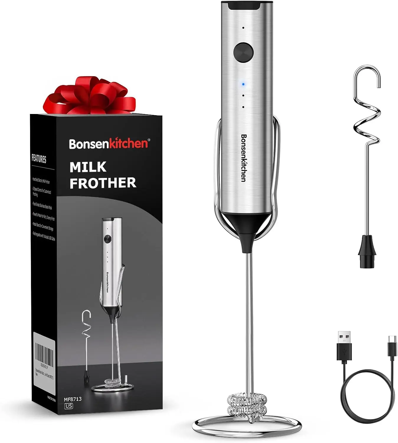 Cordless Rechargeable Milk Frother with Stand, 3-Speed Handheld Wand-Shape Mixer with Dual Springs, Electric Whisk for Milk Frothing, Lattes, Cappuccino, Kitchen Gifts