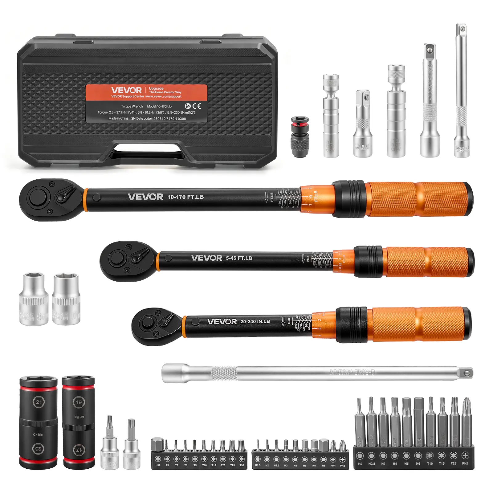VEVOR 47-Piece Torque Wrench Ratchet Set, 1/4"-3/8"-1/2" Drive 72-Tooth Ratchet, ±3% High Precision, High-Contrast Dual Scale, Spark Plug Sockets, Bits, Extension Bars, Storage Case, for Automotive Users, Bike Owners, Car Repair, Precision Wrench Control