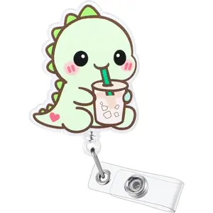 Dino With Iced Coffee Funny Medical Badge Reel | Retractable ID Card Dinosaur Badge Holder | Name Tag Work Badge Clip for RN LPN CNA MA Night Shift Nurse Nursing Student Doctor | Nurse Gifts | Acrylic