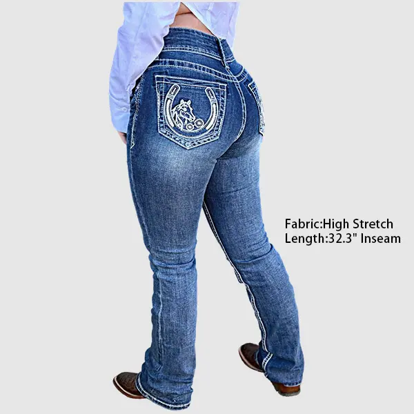Flamingals Wash Mid Waist Double Button Embroidery Pocket Bootcut Jeans Women's Fashion