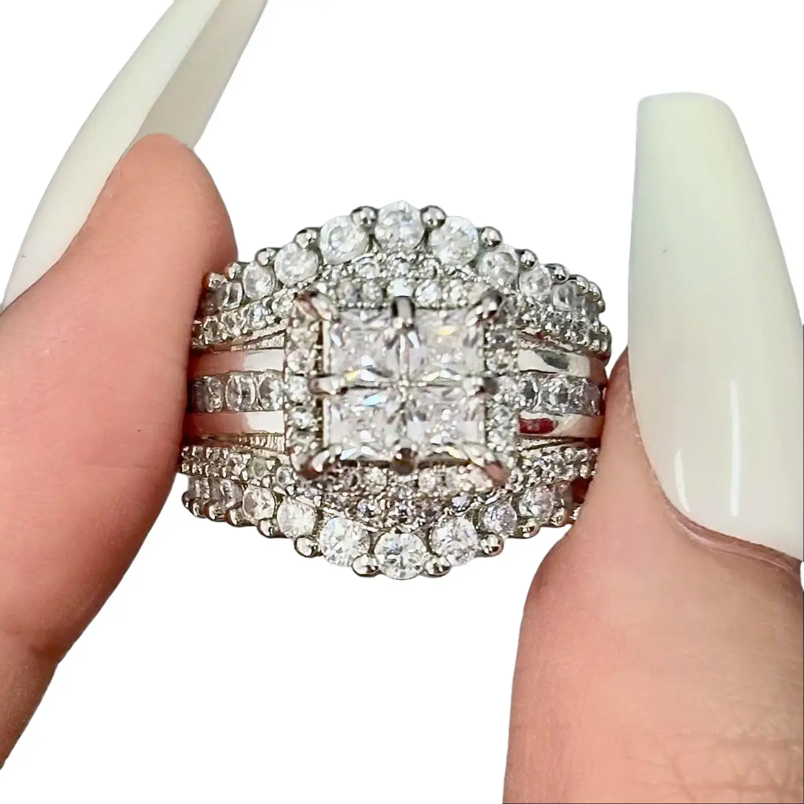 Square Five-in-One Ring for Women, S925 Sterling Silver Micro Pave CZ Stones Halo Design - Perfect Gift for Girlfriend or Wife Jewelry Elegant Daily Wear Stunning Luxurious