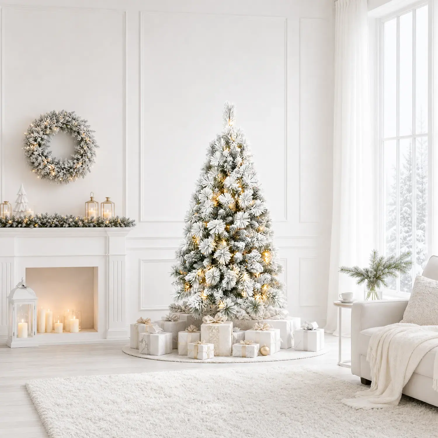 Artificial Flocked Christmas Tree, 4-9 FT Snow-Covered Tree with Pre-Lit or Unlit Options, PVC Branches, Hinged Design, Holiday Decoration for Home Office, Multi-Size