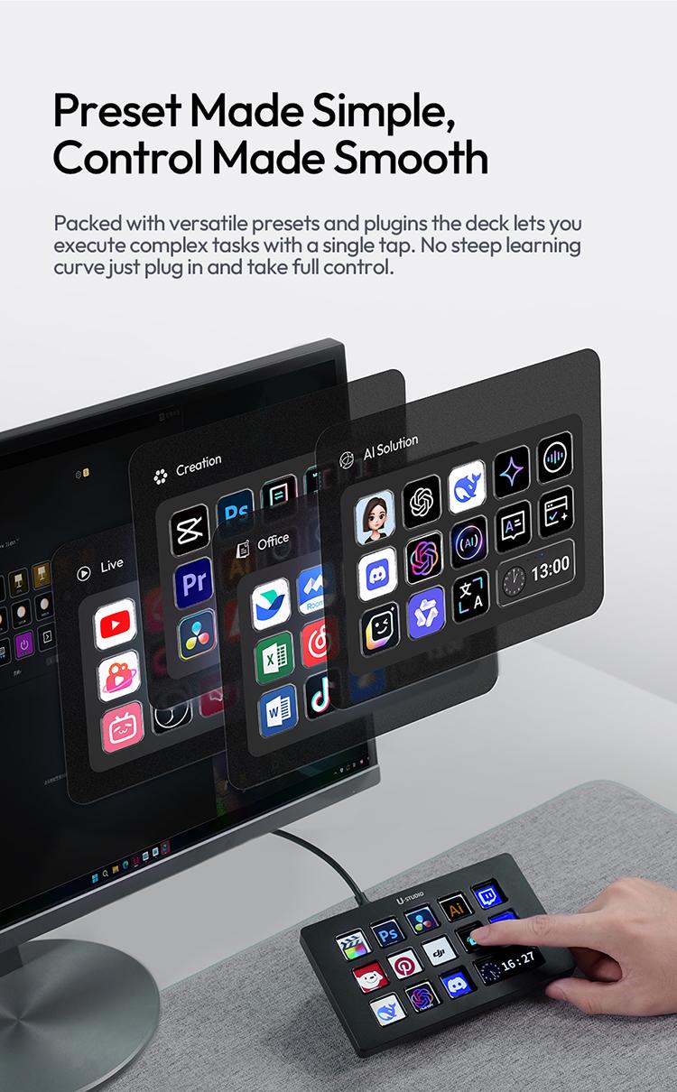 Ulanzi D200H Gaming Stream Controller,Control Pad, 7-in-1 Deck U-Studio Stream Controller Keyboard，with 14 LCD Keys, 13 Customizable Macro Keys Dock to Control Apps and Software, Trigger Actions in OBS, Twitch, YouTube, for Mac/PC