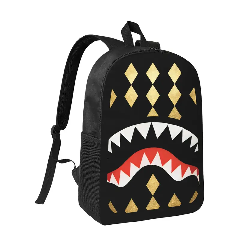 Hip Hop Shark Mouth Backpack - Black & Gold Argyle Diamond Pattern Streetwear School Bag
