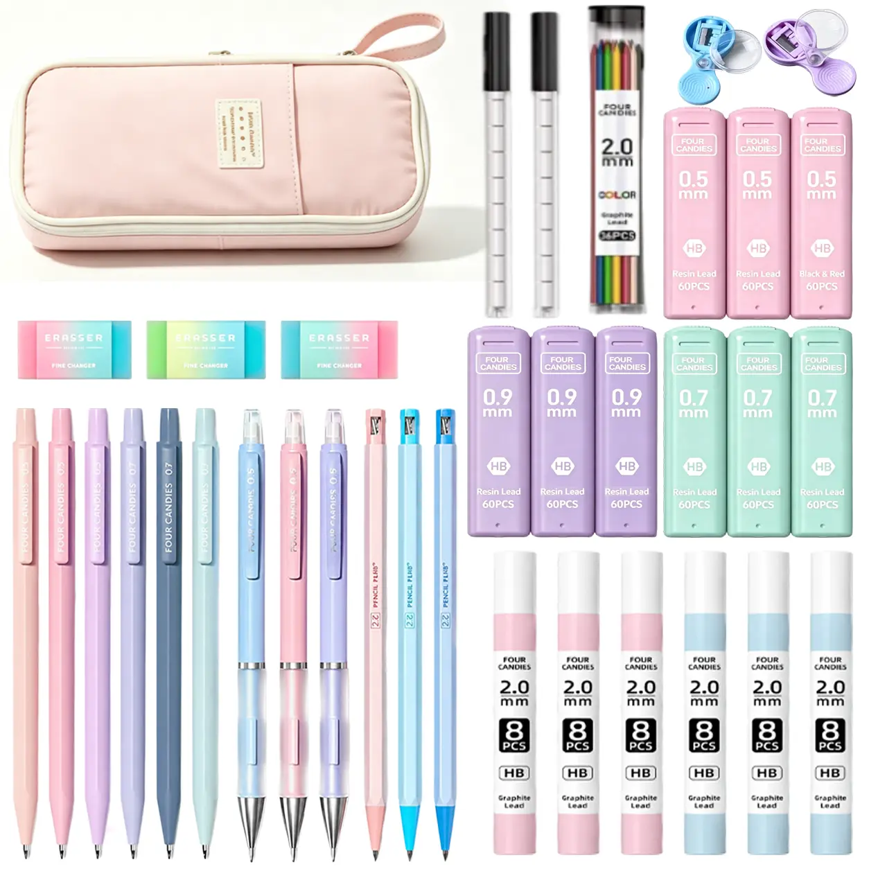 Four Candies 36PCS Aesthetic School Supplies, Mechanical Pencils 0.5mm, 0.7mm, 0.9mm & 2.0mm with 624PCS Lead Refills, Cute Mechanical Pencils for Writing, Drawing & Drafting, Student Essentials, Back to School Supplies Shopping,back to school shopping