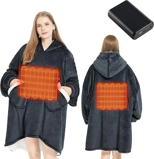 Homemate 7.4V Wireless Battery-Powered Heated Electric Blanket Hoodie, Oversized Cordless Comfortable Shawl Robe with Cozy Style for Adults, No Built-in Powerbank, Tops, Fits