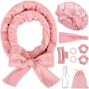 【2026】No Heat Overnight Curl Headband, 60" Soft Ribbon Curl Wrap for Long Hair - 10 PCS Rods Set with Bonnet, Pink