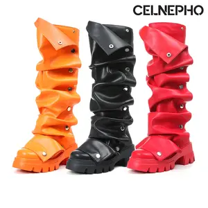 CELNEPHO Fashion Boots for Women Round Toe Knee High Fold Over Slouchy Boot Chunky Platform Heel Metal Snap Off Button Booties Easy Pull on Casual Wear Gift Party Dress Shoes
