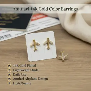 Amtiari Airplane Earrings – High Quality 14K Gold Plated Lightweight Studs for Daily Use