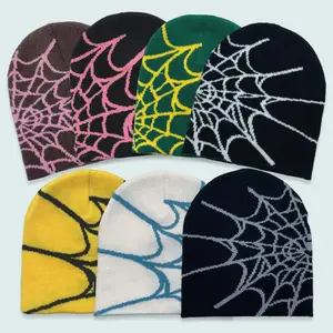 2026 Unisex Viral Y2K Spider Web Skull Beanie - Graphic Knit Grunge Streetwear Hat, Cyberpunk Accent for Nightclub Outfits