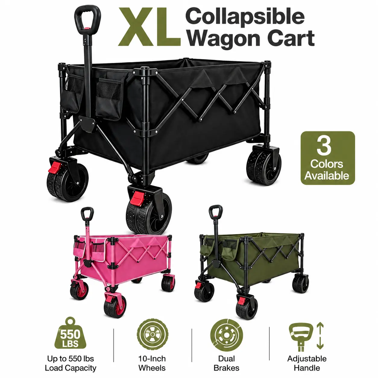 Foldable Heavy Duty Garden Utility Wagon Cart, Large Capacity Collapsible Outdoor Trolley with All Terrain Wheels for Gardening Supplies, Plants, Beach & Groceries, Work Cart, Storage Cart On Wheels