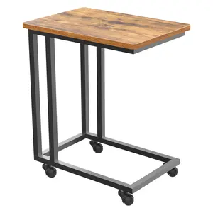 Mobile Rolling Laptop Table, Bedside Sofa Side Table with Wheels, C Shape Couch Table, Adjustable Height Metal Frame, Wood Top Desk for Home Office Bedroom