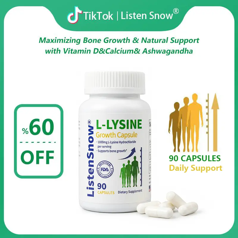 Listen Snow Growth Capsules L-LYSINE Height Increase Maximizer with Calcium for Bone Strength -Natural Get Taller Supplement