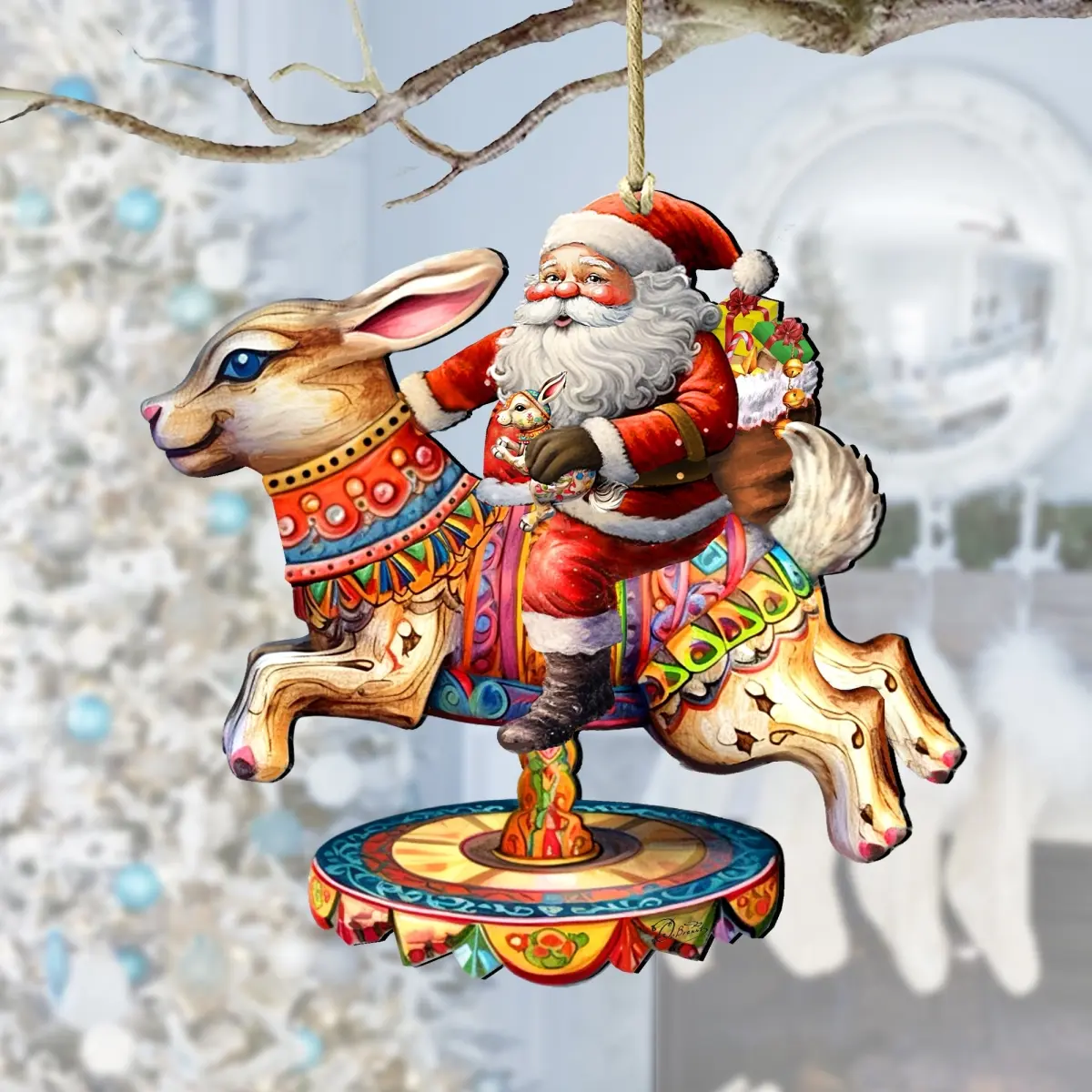 Designocracy 8611067 Small Artistic Handmade Vintage Christmas Rectangular Wooden Ornaments - 5x5.5x0.25in Santa on Bunny Carousel, Wall Hanging, Home Festive Decoration, Indoor-Outdoor Gift with Gift Bag