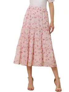INSPIRE CHIC Floral Elastic Waist Tiered A-Line Long Chiffon Skirt Pink