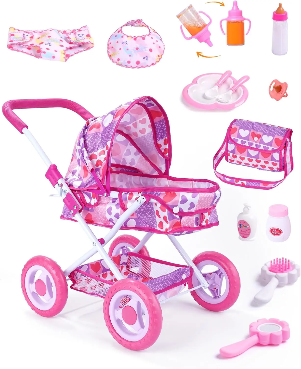 #backtoschool BABESIDE Baby Doll Stroller Accessories Set,Suitable for 12-inch dolls, 10 Pcs Doll Stroller with Foldable Design, Baby Doll Accessories for Pretend Play, Feeding & Care Playset, Gift for kids Ages 3yrs+ (Doll Not Included