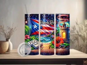 Puerto Rico Stainless Steel 20oz Tumbler with Plastic Straw and Clear Lids.  Drinkware Water Bottles Insulation Flasks