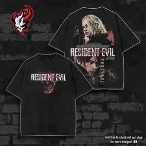 Resident Evil Re9 Remake Hoodie & T-Shirt Leon & Grace Ashcroft V2, Vintage Acid Wash Apparel, Survival Horror Game Merch, Gold Poster Pullover, Unisex Cotton Top