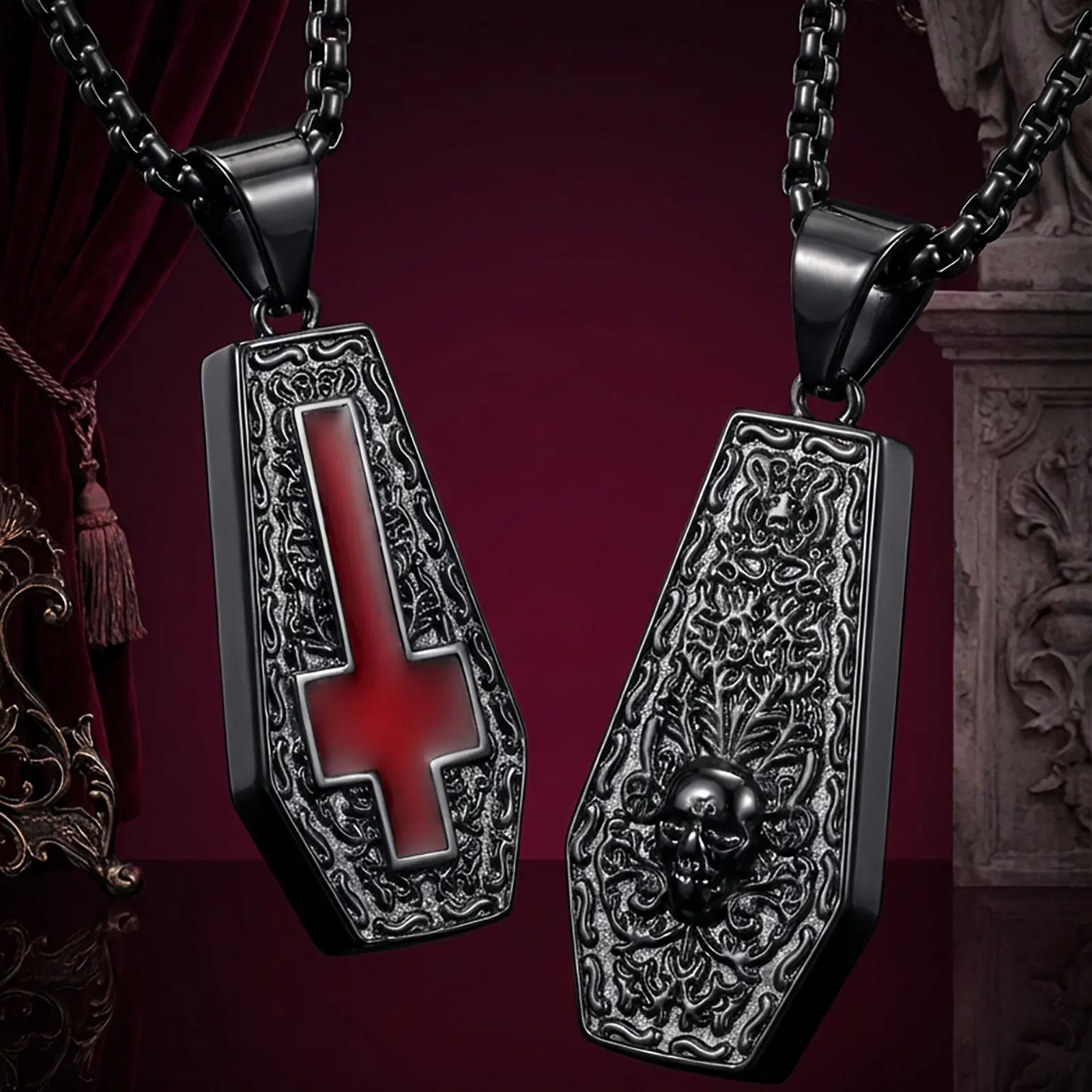 Vampire Coffin Inverted Cross Necklace - Stainless Steel Chain Gothic Skull Pendant for Men, Vampire Gothic Vibe for Dark Nights, Black Metal Skull Goth Halloween Jewelry