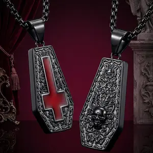 Vampire Coffin Inverted Cross Necklace, Gothic Pendant Necklace for Men Women Both Sided Stainless Steel Punk Rock Skull Halloween Cocktail Party Bloody Red Vintage Jewelry