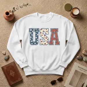 Women's Retro Floral Fitted Crewneck Cotton Oversized Sweatshirt - Vintage Aesthetic, Distressed Lettering, Patriotic USA Design, Cute Round Neck Unisex Pullover Tops T-Shirt