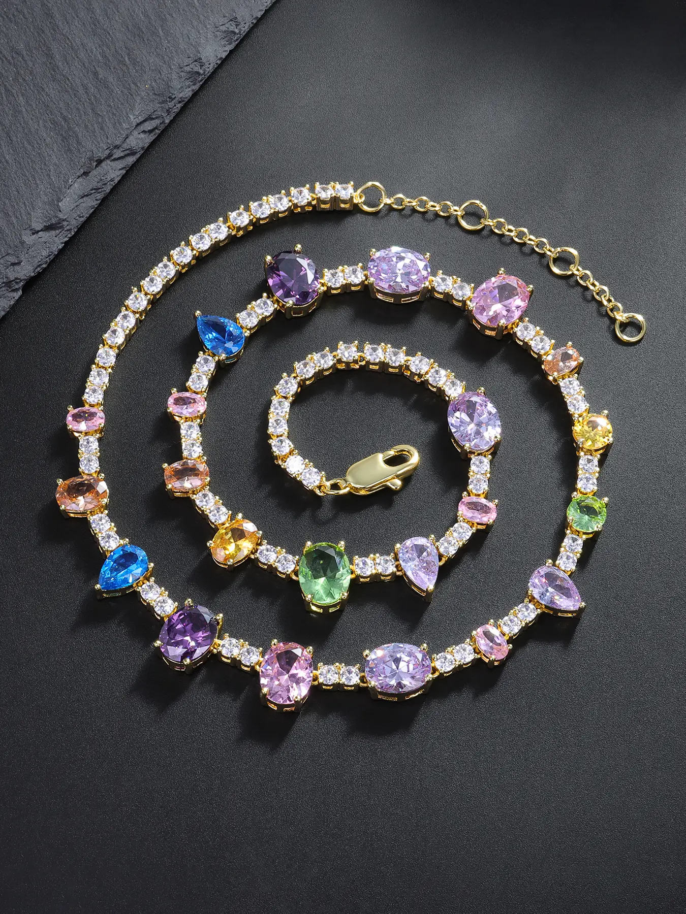 ICED CHICS Colored Oval Teardrop Zircon four-claw tennis Chain Necklace, 10mm colored necklace, hip-hop zircon necklace, Cz Prong Necklace, Cubic Zirconia Necklaces, the best gift for friends, birthday present, suitable for both men and women Jewelry