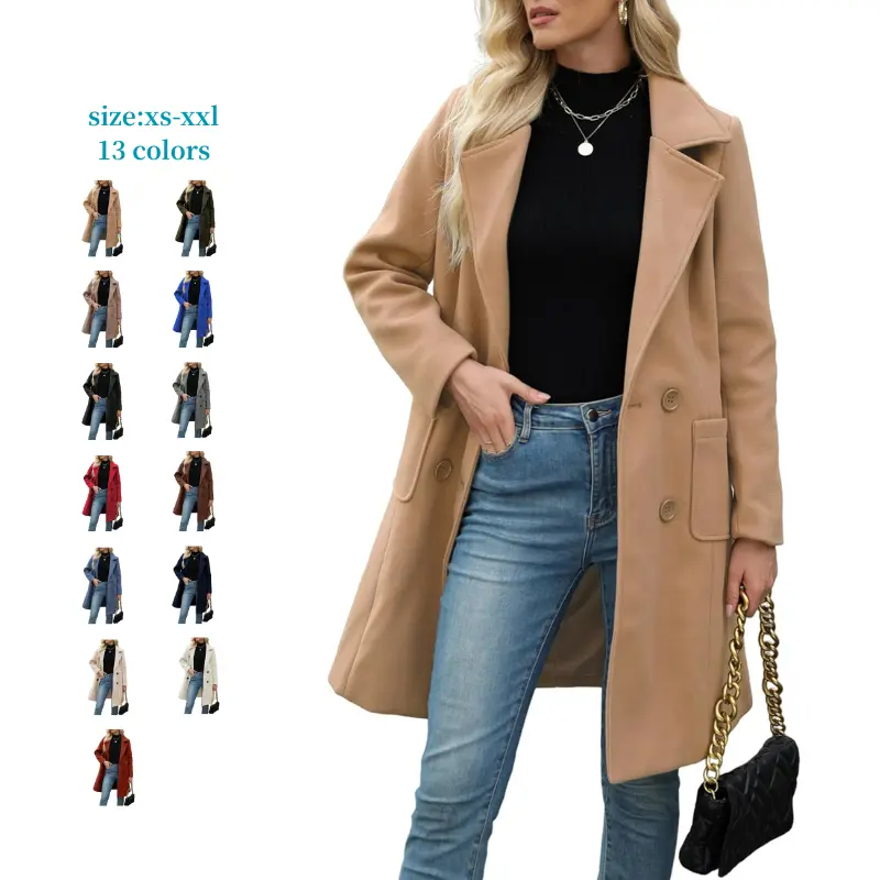 Mundoven Women's Wool Blend Pea Coat, Double Breasted Collared Outerwear, Mid-Length Long Sleeve Winter Jacket with Pockets for Office & Daily Wear, Jackets