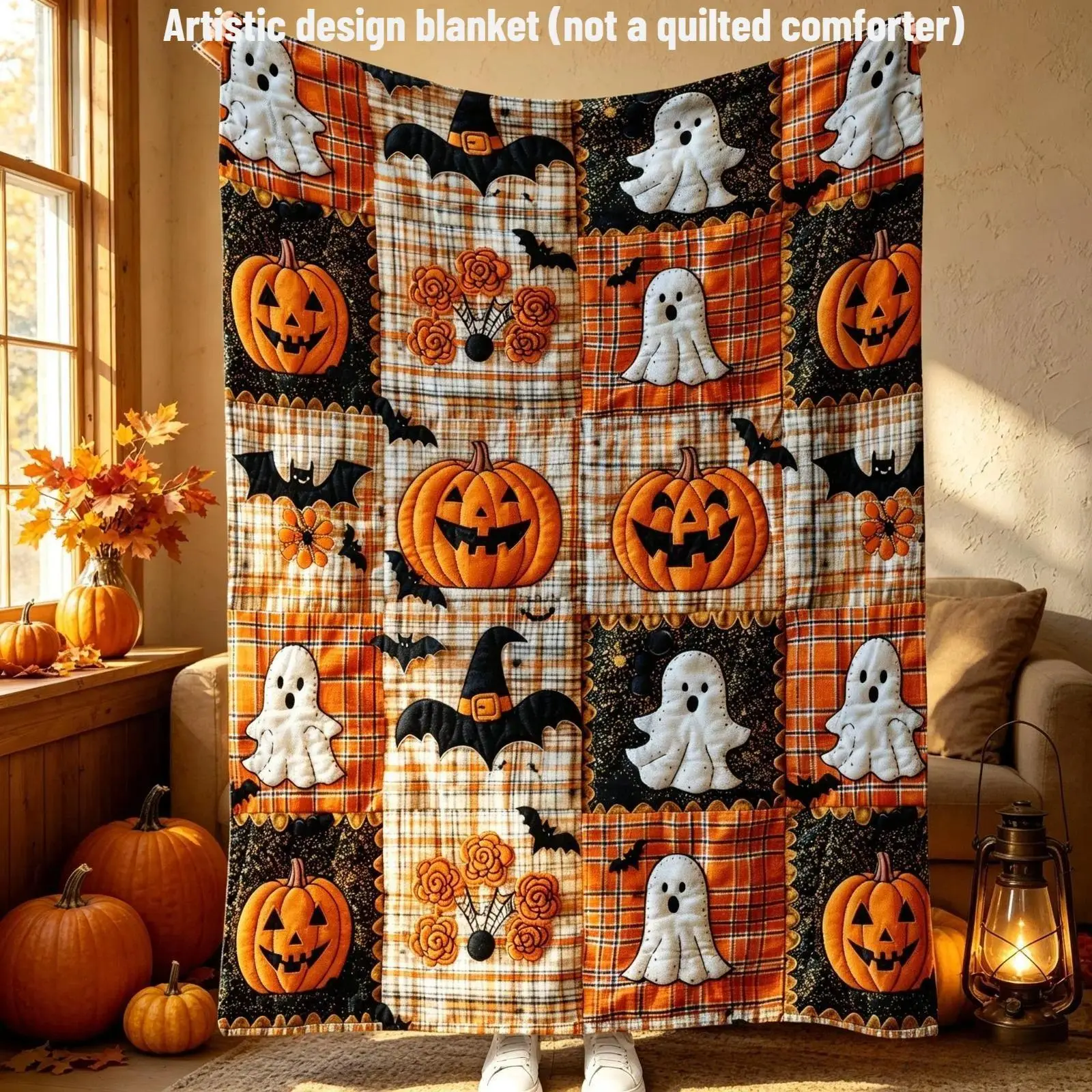 Countdown Sale Halloween Pumpkin Ghost Bat Plaid Patchwork Flannel Blanket Kids And Adults AC Blanket Soft Warm Cozy Throw Blanket Lightweight Sofa Bed Couch Bedroom Living Room Fall Autumn Home Decor Gift Viral Halloween Blanket