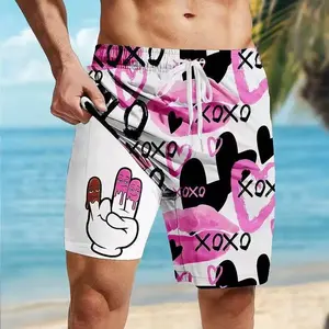 Men's Coconut Tree Funny Duck Lined  2 in 1 Board  Swim  Mid Waist Hawaiian Vacation Beach Wear Side Pockets shorts