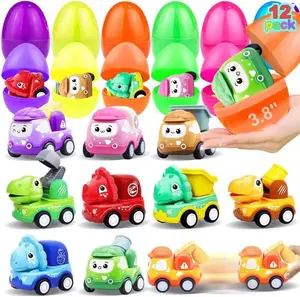 12 Pack Jumbo Easter Eggs Filled with Pull Back Cars – Large 3.8" Prefilled Easter Eggs with Dinosaur Construction Vehicle Toys, Easter Basket Stuffers for Toddlers Kids Boys Girls, Egg Hunt Fillers, Party Favors, Easter Gifts