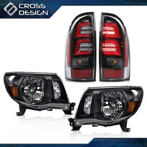 CROSSDESIGN Black Headlights & 3D LED Tube Bar Tail Lights Fit For 2005-2011 Toyota Tacoma