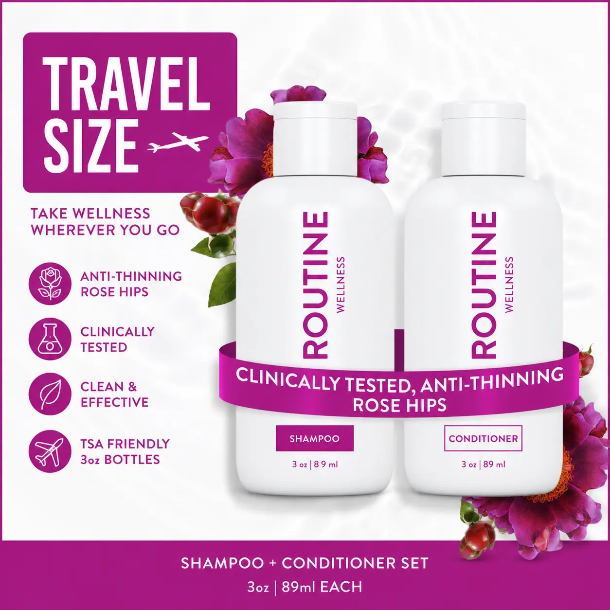 Routine Wellness Anti-Thinning Volumizing Shampoo & Conditioner Travel Size Set - 3 oz - Biotin & DHT Blockers - Tea Tree, Argan Oil - Mild Haircare