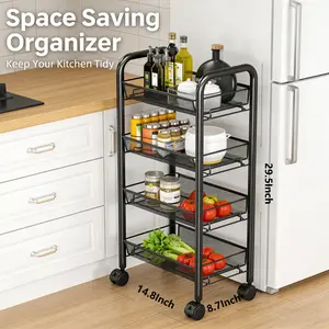 4-Tier Rolling Storage Cart | Kitchen Organizer Shelf with Wheels | Multifunctional Trolley for Snacks/Baby Supplies | Heavy-Duty Metal Mesh Basket