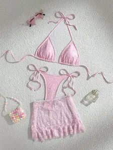 [HANOVER] Swim Mod 3pcs/Set Women Sexy Solid Color Lace Flounce Hem Mini Skirt, Lace Triangle Cup Thong Pink Bikini Swimsuit Set For Summer Beach Vacation