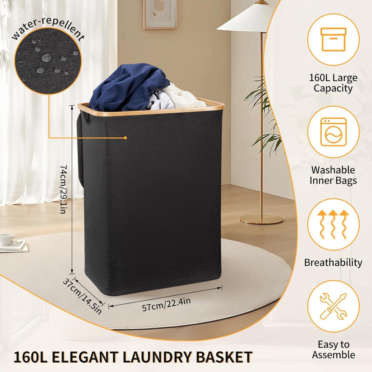 3-Section 160L Laundry Hamper with Lid & Sturdy Handle - Easy Carry Organizer for Bedroom Laundry Room