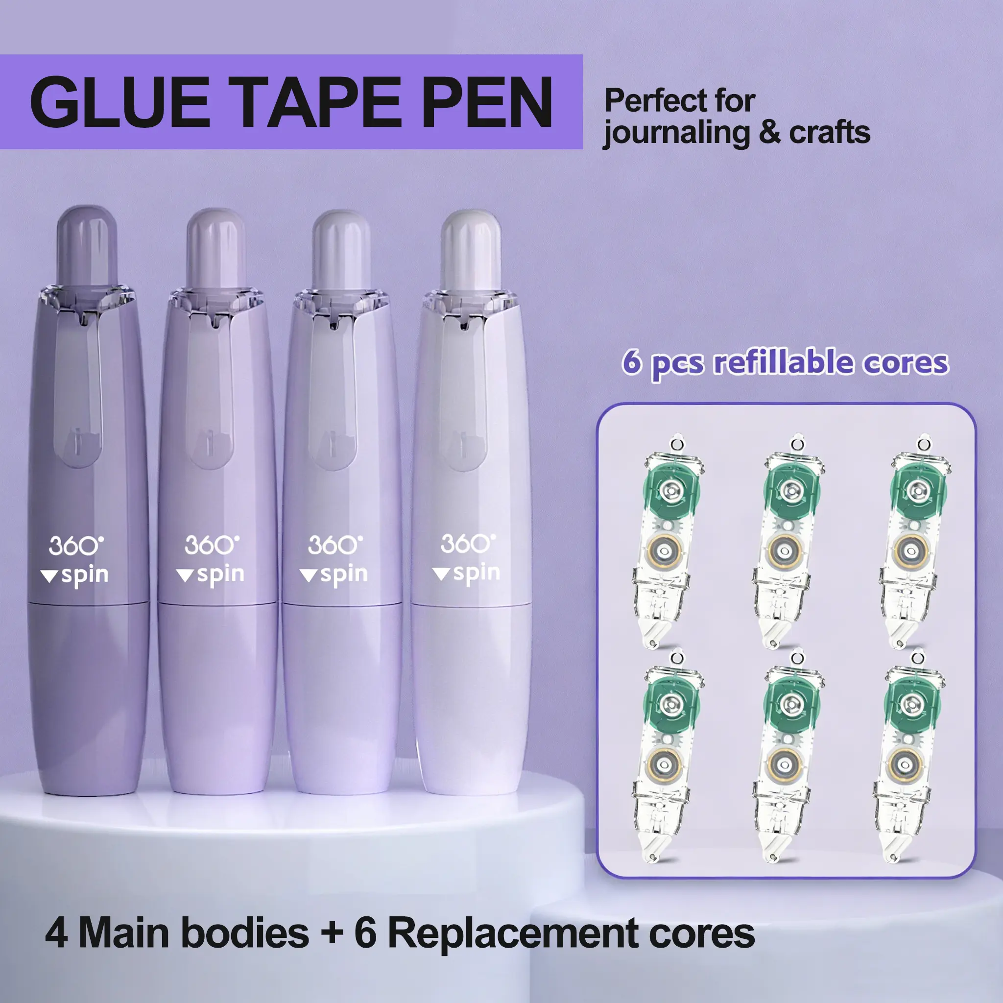 Glue tape pens with 4 bodies and 6 refillable refills, double sided tape for journaling, crafts, school projects. Replaceable core design., Dual-Sided Adhesives & Glue, Double-Sided Tape Holds Pages Neatly