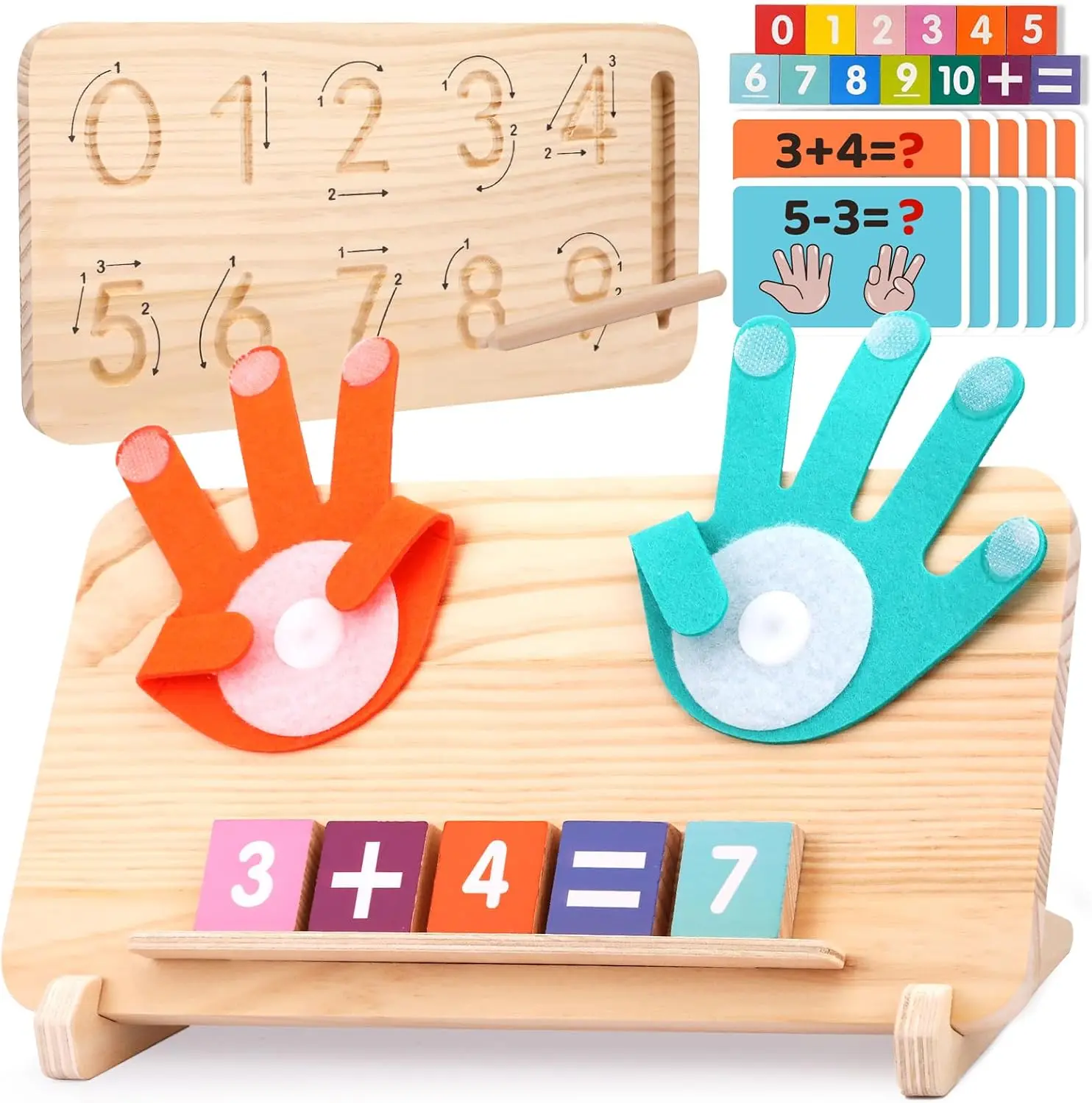 Montessori Math Toy for Kids Ages 3-5, Wooden Finger Counting Board with Number Blocks, Number Tracing Board and Math Flash Cards, Preschool Learning Toy for Addition and Subtraction, Educational Birthday Gift for Boys Girls