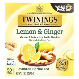 Twinings Flavored Herbal Tea, Lemon & Ginger, Caffeine Free, 50 Tea Bags, 2.65 oz (75 g)