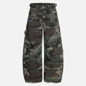 Aelfric Eden Oversized Camo Cargo Pants for Men, Double Waistband, Multi-Pocket, Raw Hem Detail, Unisex Street Style Clothes, Baggy Barrel Trousers
