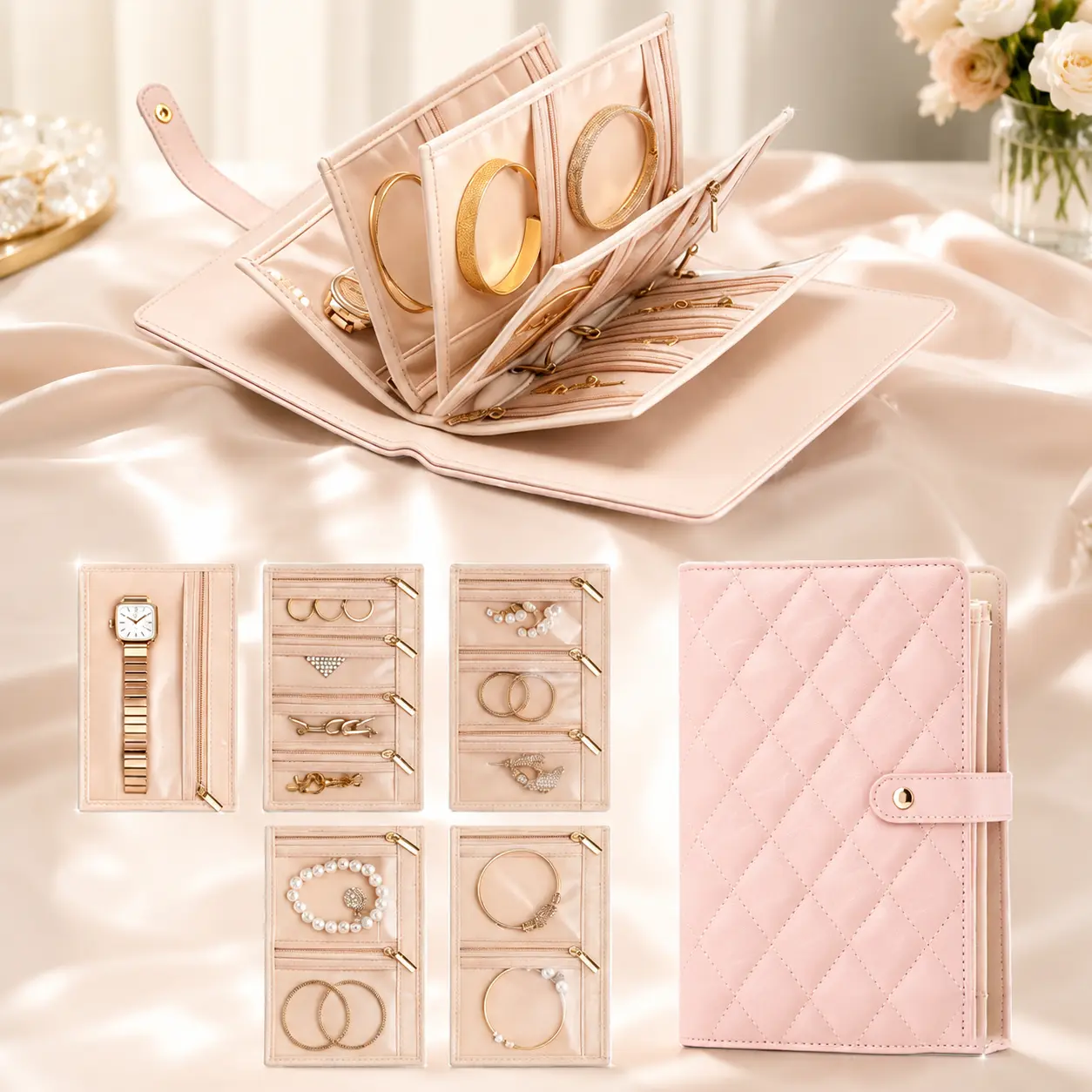 BOOVO Luxury Quilted Jewelry Organizer Booklet, Travel Jewelry Case with Clear Pockets,， Aesthetic Cream Accessory Holder for Necklace Earring Ring water proof trinket trade storage organization bedroom decor Pouch, Durable Storage Organizer，Gift for her