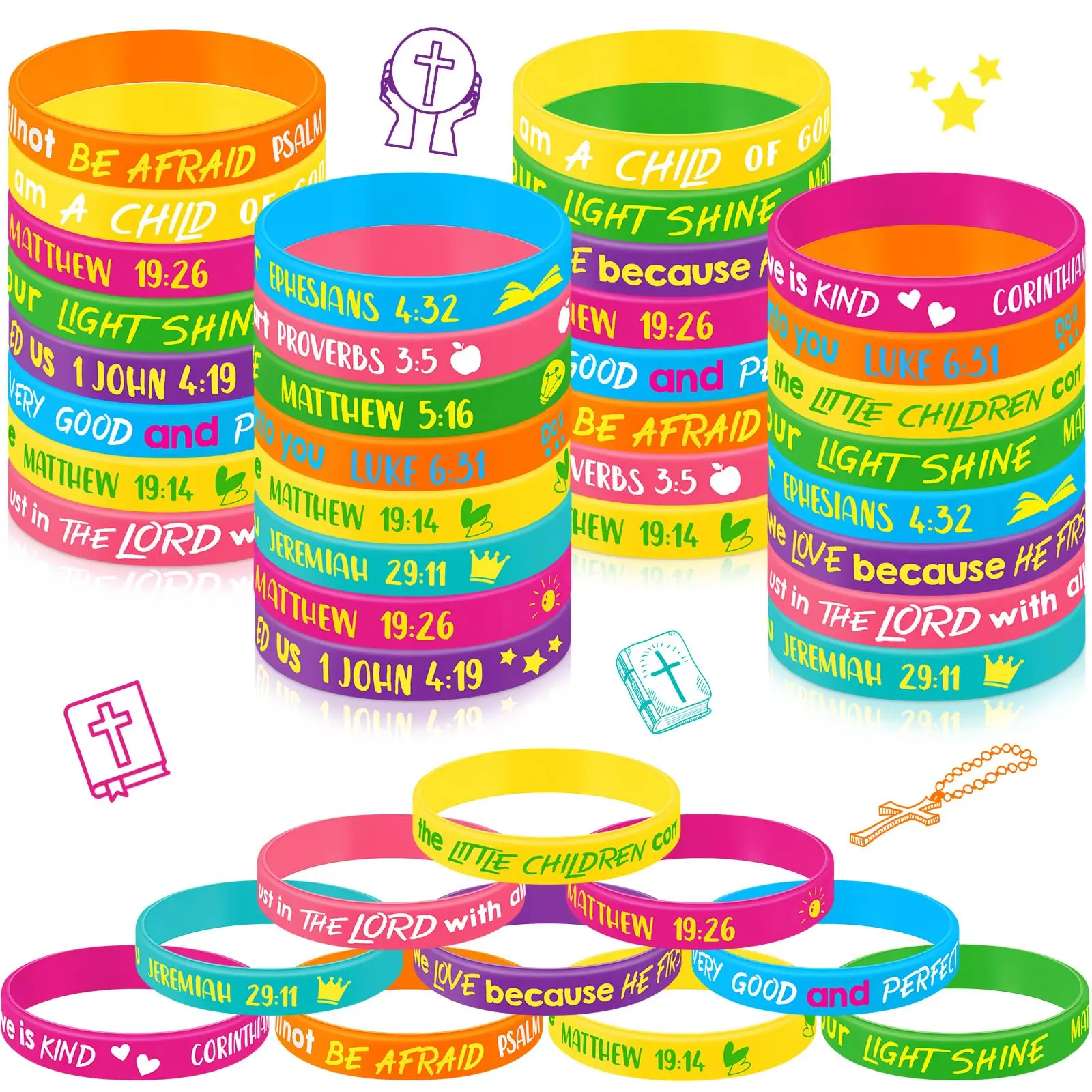 60Pcs Bible Verse Bracelets Christian Gift for Youth Group Women Men Students Stretch Faith Motivational Rubber Wristband Religious Gift for Sunday School Classroom Rewards Church Trunk or Treat Giveaway Noncandy Goodie Bag Stuffers Party Favor