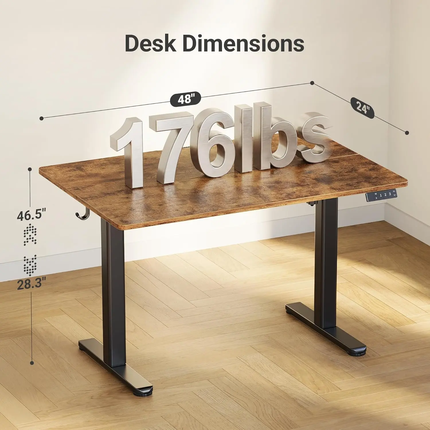 Electric Standing Desk, Adjustable Height Stand up Desk, 24x48 Inches Sit Stand Home Office Desk with Splice Board, Black Frame/Rustic Brown Top