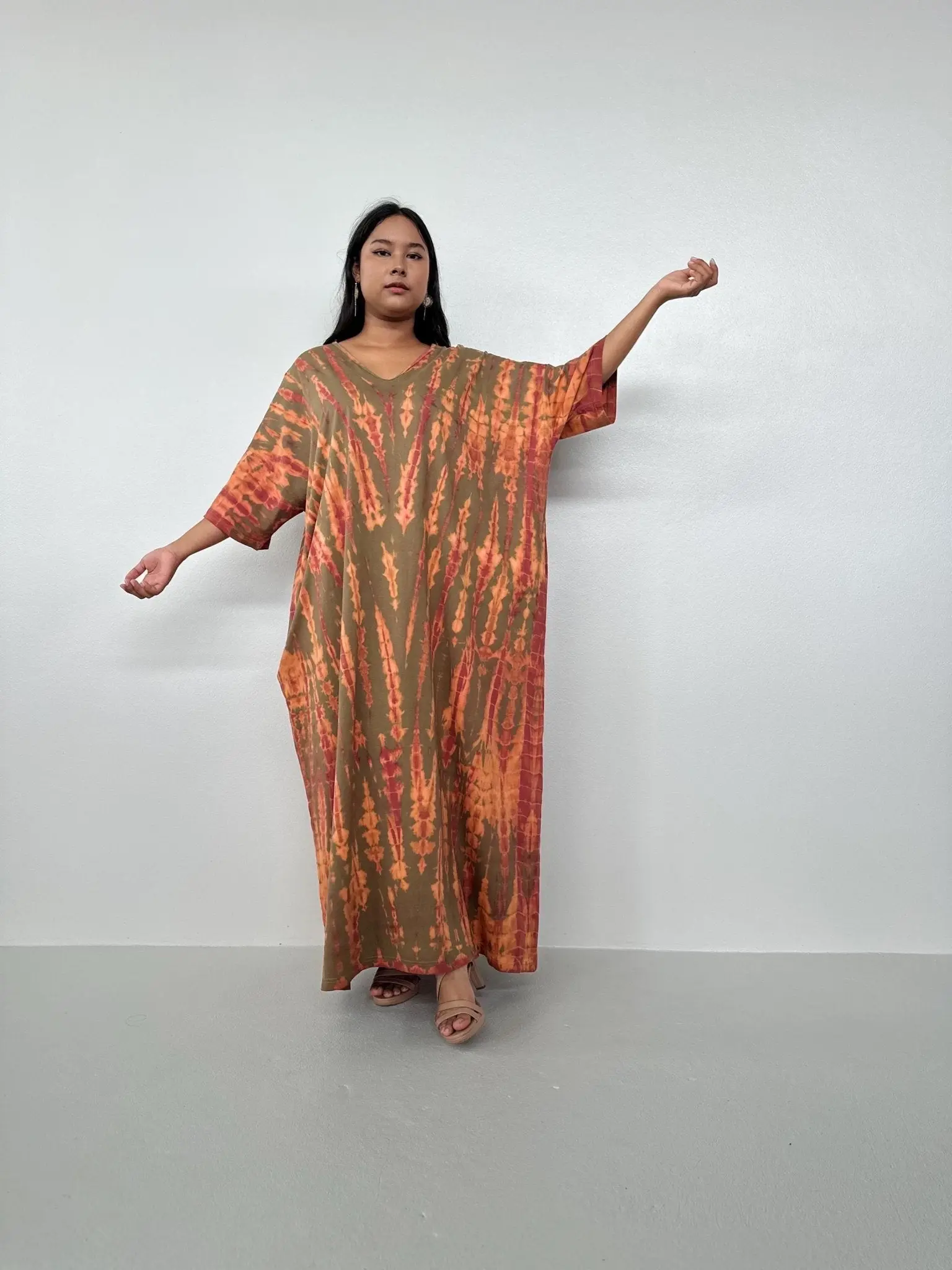 Women's Long Belted Olivia Cotton Kaftan - Olive and Bronze Tie Dye, Casual All-Day Wear, Metallic Belt, Effortless Statement Dress
