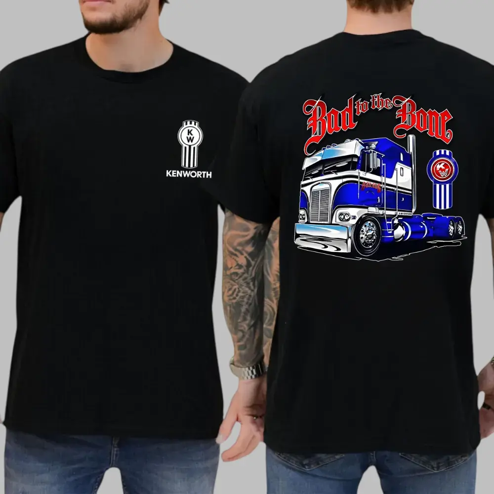 Kenworth Bad to the Bone Shirt – 2-Sided Big Rig Graphic Tee for American Truckers Patriotic USA Diesel Truck T-Shirt Summer Cotton Outfit for Men Y2K Vibe Comfortable Unisex T-Shirt - Casual, Menswear Street Style Red