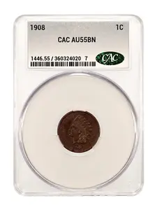 1908 Indian Cent 1C CAC AU55BN