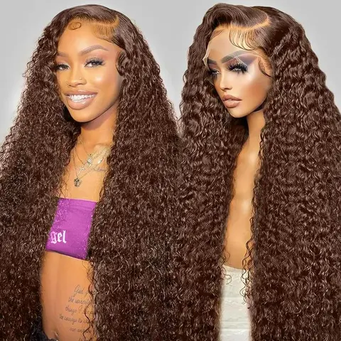 VRbest Chocolate Brown Deep Wave 13x6 HD Transparent Lace Front Wigs Brazilian Deep Curly Human Hair Wigs for Black Women Pre Plucked with Baby Hair 180% Denisty