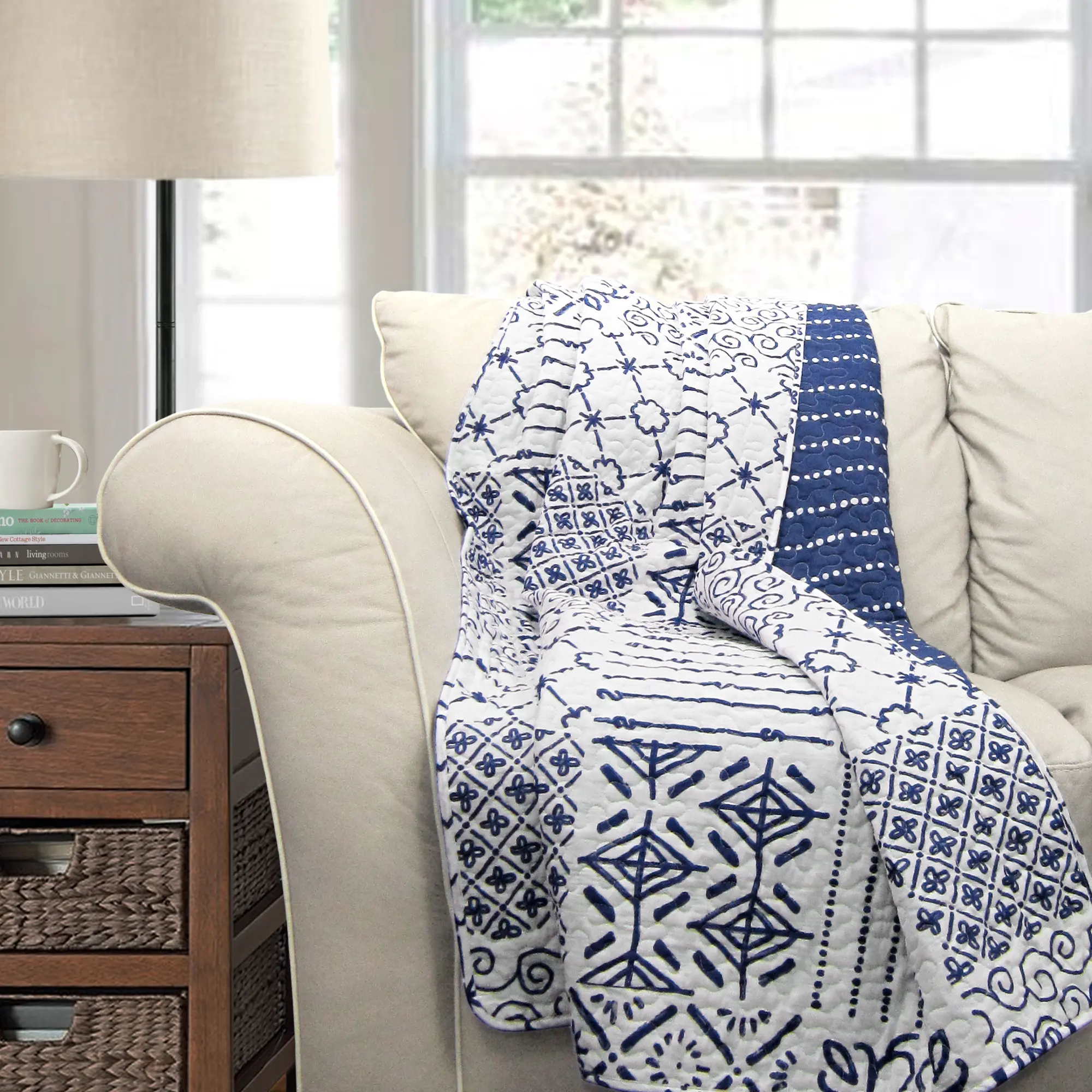 Lush Decor Monique Reversible Cotton Throw Blanket Single 50"W x 60"L Blue - Cotton Blankets for Bed - Blue Couch Blanket - Throws - Coastal Decor